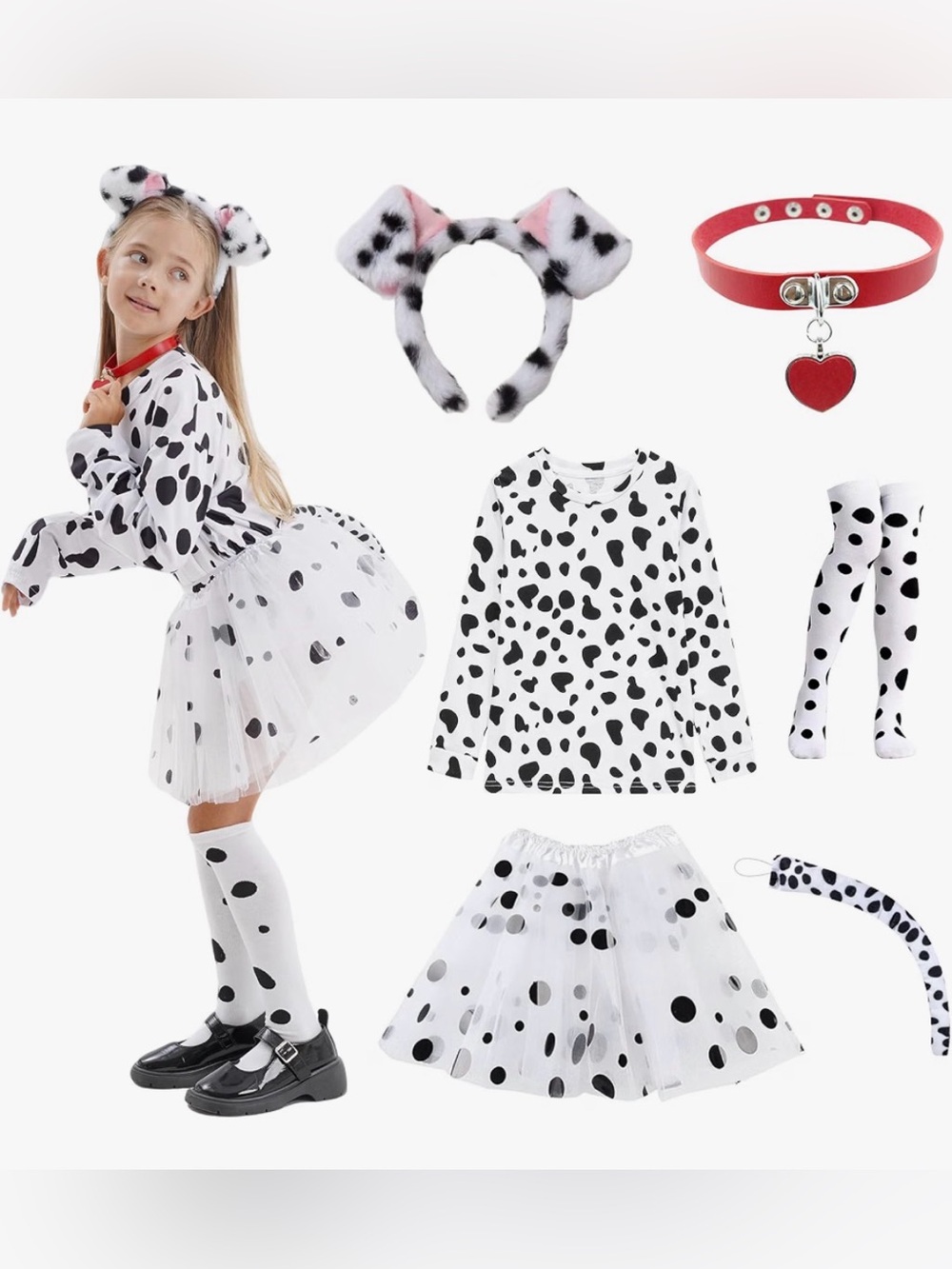 101 Dalmatian Costumes Kids, Girls Shirt Tutu Outfit Ears Headband Socks Accesso